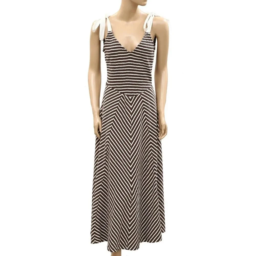 Free People Free-Est Cecelia Midi Dress Striped Printed Smocked Cotton L 288421